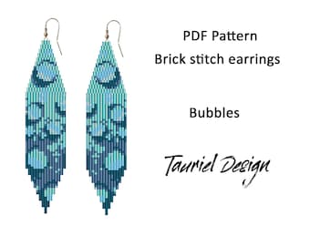 May include: A PDF pattern for brick stitch earrings with a blue and green bubble design. The pattern is called "Bubbles" and is by Tauriel Design.