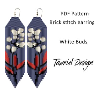 Seed bead flower earrings pattern pdf Fringe beaded earrings pattern Flower pattern Floral pattern Grey White Red colors