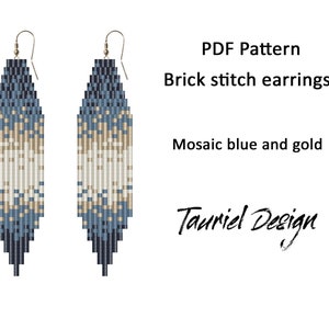 May include: PDF pattern for brick stitch earrings in mosaic blue and gold colors. The pattern is for a pair of long, beaded earrings.  Tauriel Design.