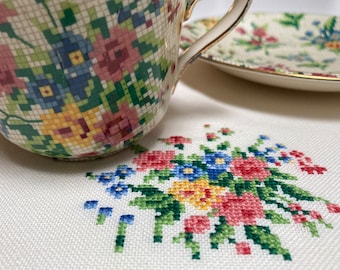 Royal Winton Queen Anne No. 4 Bouquet Let's Dish Cross Stitch Reproduction Chart