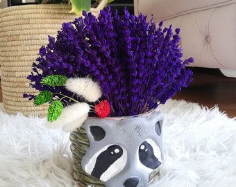 Dried Lavender Arrangement in Cute Raccoon Ceramic Pot,Lavender, Fragrant flower, Dried flower, Decorative, Natural fragrance,Gifts