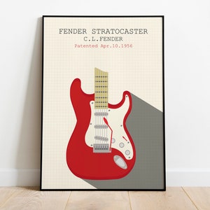 Fender Gitarre Wandkunst, Retro Gitarren Poster, Gitarrist Geschenk, Musiker Geschenk, E-Gitarre, Rote Gitarre, Musik Wohnkultur