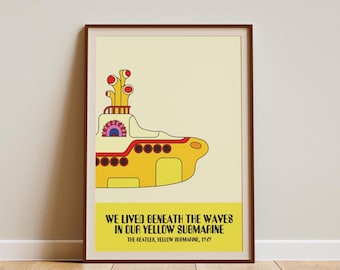 Póster con la letra de Yellow Submarine de The Beatles: Impresión musical retro
