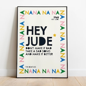Beatles Hey Jude Lyrics Poster: Colorful Rock Music Art (Digital Download, PDF A1-A5 Sizes)