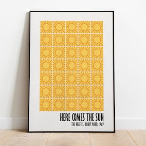 Impresión de Beatles Here Comes the Sun, póster retro de los Beatles, póster de decoración del hogar Sun Boho, arte de pared imprimible, regalo para fanáticos de los Beatles