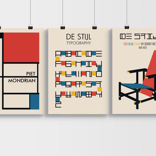 Set of 3 De Stijl Poster, Bauhaus de Stijl Art, Exhibition Poster, Stijl Art Print, Vintage Poster, Minimal Home Decor, Digital Download