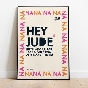 Póster imprimible de Hey Jude de los Beatles / Decoración bohemia / Descarga digital / Arte con letras de canciones / Regalo para fanáticos de la música de los Beatles / Decoración de pared para el hogar / Impresión de los Beatles