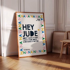 Beatles Hey Jude Printable Poster, Colorful Wall Decor, Digital Download, Song Lyrics Art, Beatles Music Fan Gift, Beatles Rock Music Print