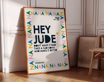 Beatles Hey Jude Printable Poster, Colorful Wall Decor, Digital Download, Song Lyrics Art, Beatles Music Fan Gift, Beatles Music Print