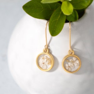Tiny Forget Me Not White Set! Pair of Handmade Dry Pressed Flower Resin Earrings and Necklace(20&quot;)