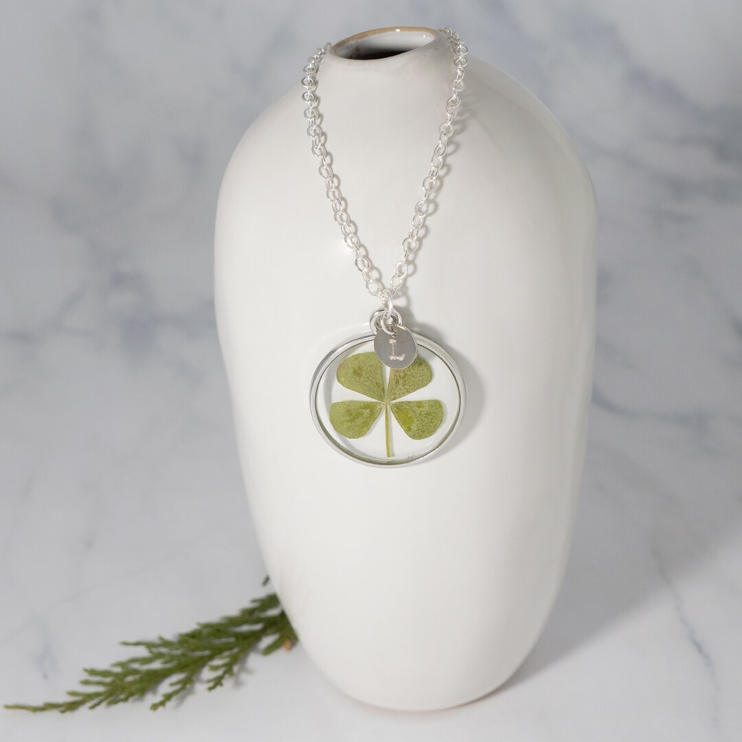 Real Dried Lucky Four Leaf Clover Silver Pendant With an Initial Charm ...