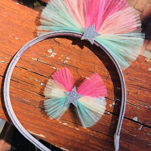 Girls Tulle Rainbow Glitter Star Headband, Girls Tull Rainbow Glitter Hair Clip, Hard Headband for Girls, Girls Accessories, Birthday Gifts