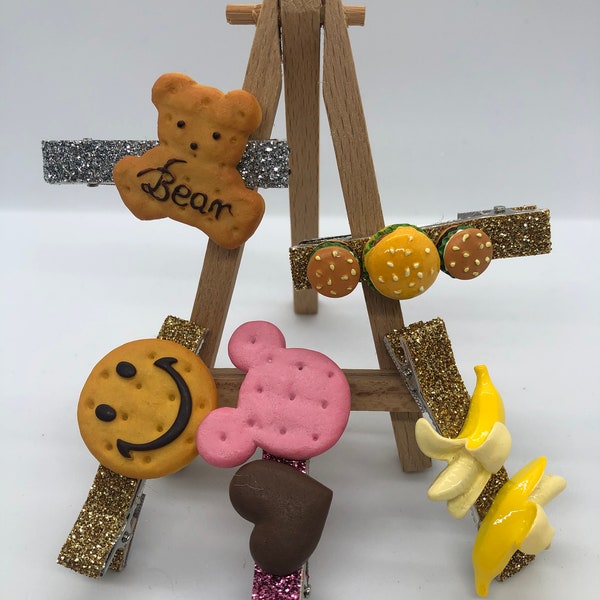 2 Pcs Glitter Hair Clip - Pineapple,Orange,Banana,Hamburgers,Peeled Bananas,Biscuit Bear,Biscuit Smile,Biscuit Mickey & Chocolate Hair Clip