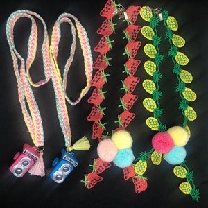 Girls Shutterable Toy Camera Necklace, Tropical Pom Pom Necklace, Strawberry Necklace, Pineapple Necklace, Colorful Threaded Necklace