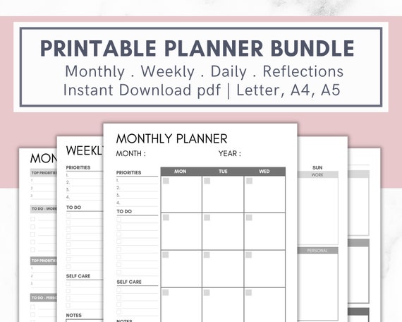 Monthly Weekly Daily Planner Printable Undated Work and | Etsy