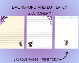 Papeterie teckel et papillon | Papier à lettres imprimable teckel | Papier à lettres papillon | Correspondance pour chien