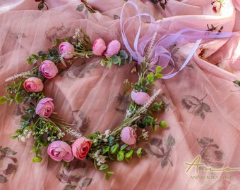 Bridal renn faire floral rose eucalyptus hair garland headband