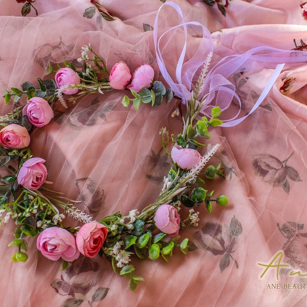 Bridal renn faire floral rose eucalyptus hair garland headband