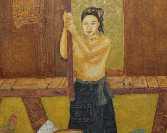 Pintura de laca original art decó étnica sobre madera. pintura de bellas artes. decoración única y humorística del hogar. regalo para amantes del arte de estilo tradicional