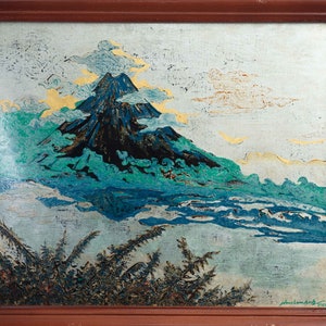 Fujiyama pointillism, Mount Fuji, Fujiyama mountains, Japanese landscape, Asian pointillism, small painting, Japanese art.