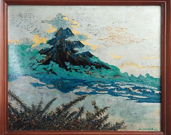 Puntinismo Fujiyama, Monte Fuji, montagne Fujiyama, paesaggio giapponese, puntinismo asiatico, piccolo dipinto, arte giapponese.