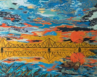Bridge art deco original lacquer painting on wood. fine art painting. unique humorous wall art home décor. traditional style art lover gift