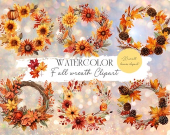 Watercolor Fall Wreath Clipart – Autumn Leaves PNG (Digital Download)