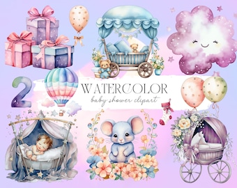 Watercolor Pastel Baby Shower Clipart, nursery clipart in PNG - instant download for commercial use