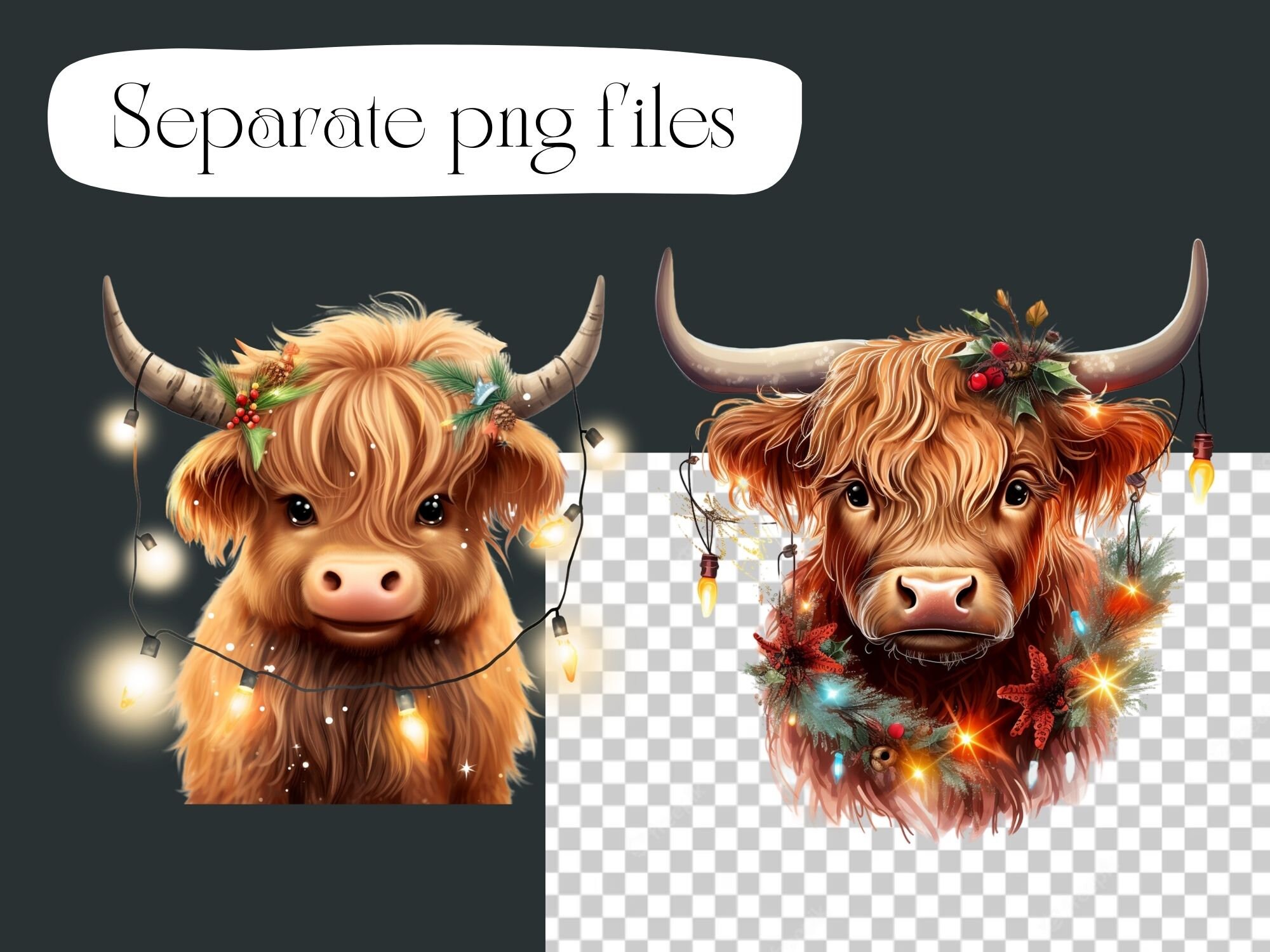 Christmas Highland Cow Clipart, Holiday PNG Bundle (digital Download ...