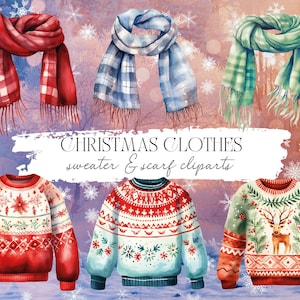 24 clipart di vestiti di Natale dell'acquerello PNG, clipart brutto maglione di Natale - clipart sciarpa di Natale dell'acquerello - download istantaneo