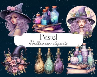 Pastel Halloween Clipart – Witch, Candles, Potions (PNG, Digital Download)