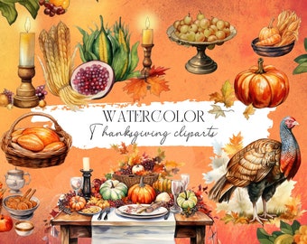 Watercolor Thanksgiving Clipart – Festive Turkey & Pumpkin (Instant Download)