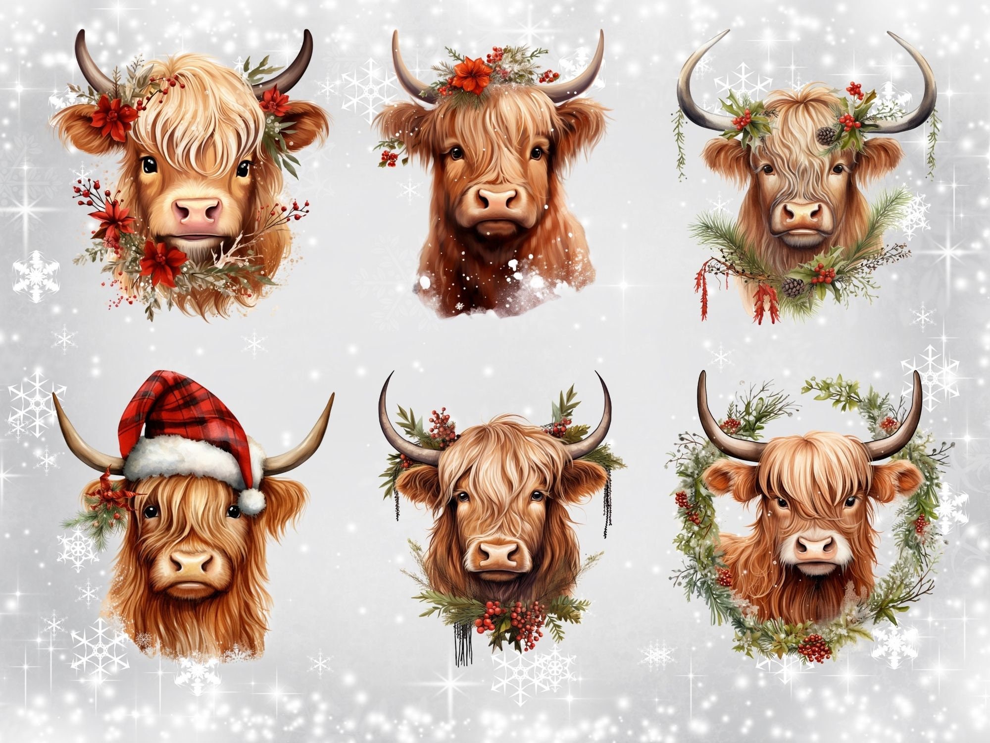 Christmas Highland Cow Clipart, Holiday PNG Bundle (digital Download ...