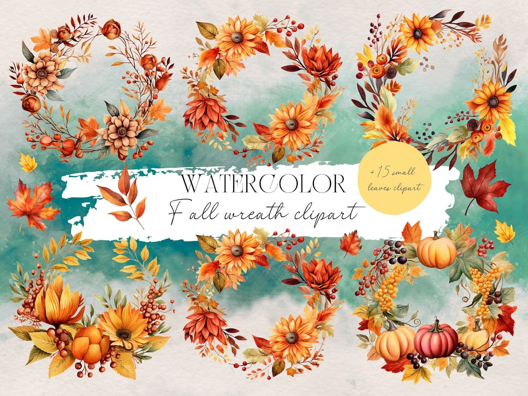 30 Watercolor Fall Wreath and Leaves Png Clipart - Autumn Clipart ...