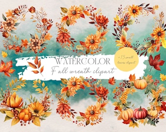 Watercolor Fall Wreath Clipart – Autumn Leaves PNG (Digital Download)
