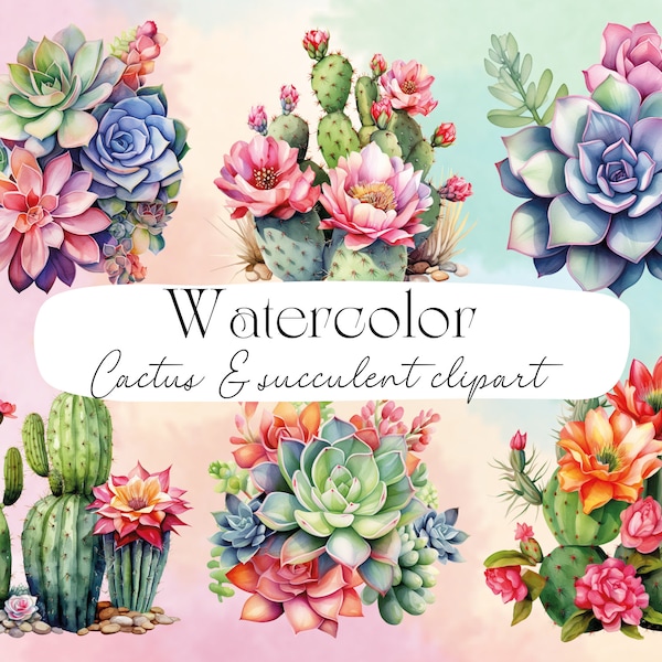 24 PNG Watercolor Floral Cactus Succulent Clipart - instant download