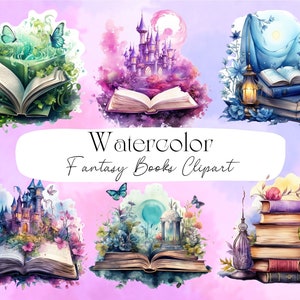 37 PNG Watercolor Fantasy Books Clipart - Book Bundle PNG -   magic book clipart - instant download