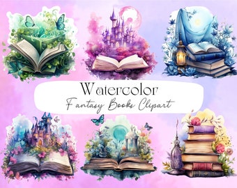 Ilustrações em aquarela de livros de fantasia – Pacote de livros mágicos (PNG, Download digital)