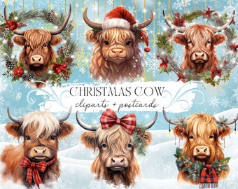 May include: Six digital illustrations of Highland cows wearing festive Christmas attire. The cows are depicted with wreaths, Santa hats, and red and green plaid scarves. The illustrations are set against a blue background with snowflakes and gold glitter.