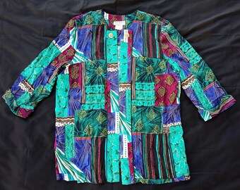 Vintage Tracy Richards Women's Exotic Abstract All Over Print Overshirt Sz 18/XL Loud Bold Multi-Pattern Made In USA