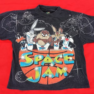 Vintage 1996 Rare Licensed Space Jam Warner Bros x Freeze Big Graphic Double Sided All Over Print Movie T-shirt Jordan Tune Squad Youth L