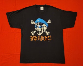 Vintage Rare 90s Bad To The Bone Glow In The Dark Biker Skull Single Stitch T-Shirt