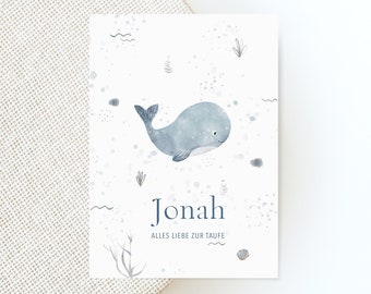 Personalized christening card with name for girls or boys, hand-painted whale motif, congratulations card for christening, communion & confirmation