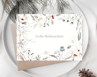 Christmas card personalizable with envelope with winter flower border in watercolor, as a Christmas card for family, friends, colleagues or customers