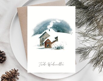 Christmas card personalizable with envelope featuring a winter landscape in watercolor, as Christmas mail for family, friends, colleagues or customers