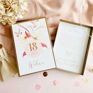Personalisierte Geschenkschachtel/Box zum 18. Geburtstag für kleine Geschenke o. Geldgeschenke für Mädchen, Geschenkdee zur Volljährigkeit