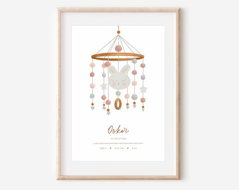 Personalized birth poster mobile with name, as a gift for the birth of a girl or boy, wall decoration for the baby's room