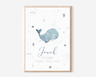 Personalized birth poster with whale design, gift for expectant mothers, Scandinavian nursery poster, first Father's Day gift for baby, name, date
