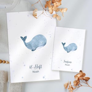 Funda de libro de registro de bebé personalizada con nombre, diseño de ballena, funda de registro de vacunación, funda de folleto de exámenes, regalo de bebé para nacimiento, regalo de baby shower imagen 1