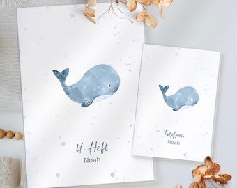 Funda de libro de registro de bebé personalizada con nombre, diseño de ballena, funda de registro de vacunación, funda de folleto de exámenes, regalo de bebé para nacimiento, regalo de baby shower